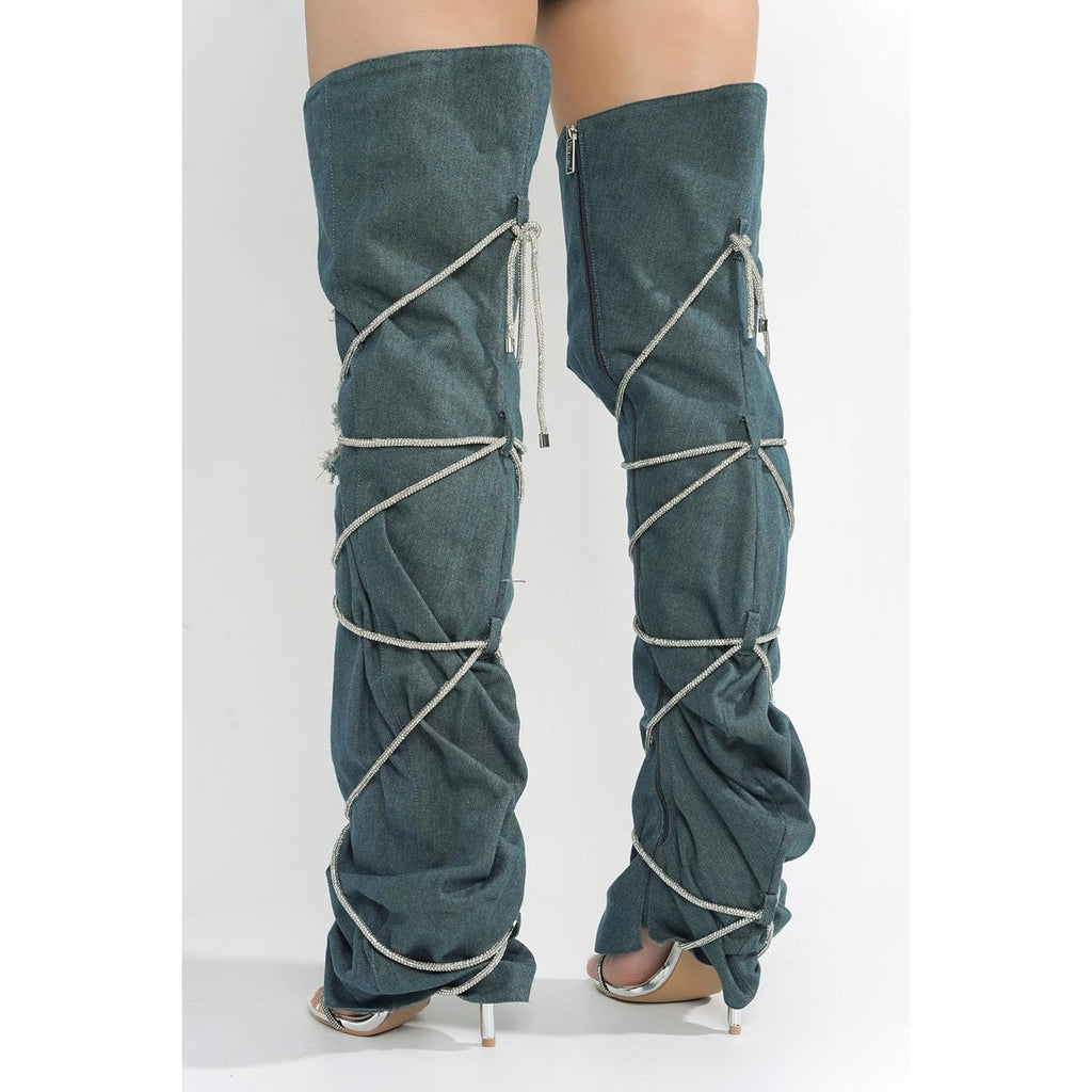 Cape Robbin Nobu Thigh High Boots, Stylish Rope Knee High Cowboy Boots Women, Long Denim Boots, High Heel Boots, Knee High Boots Women
