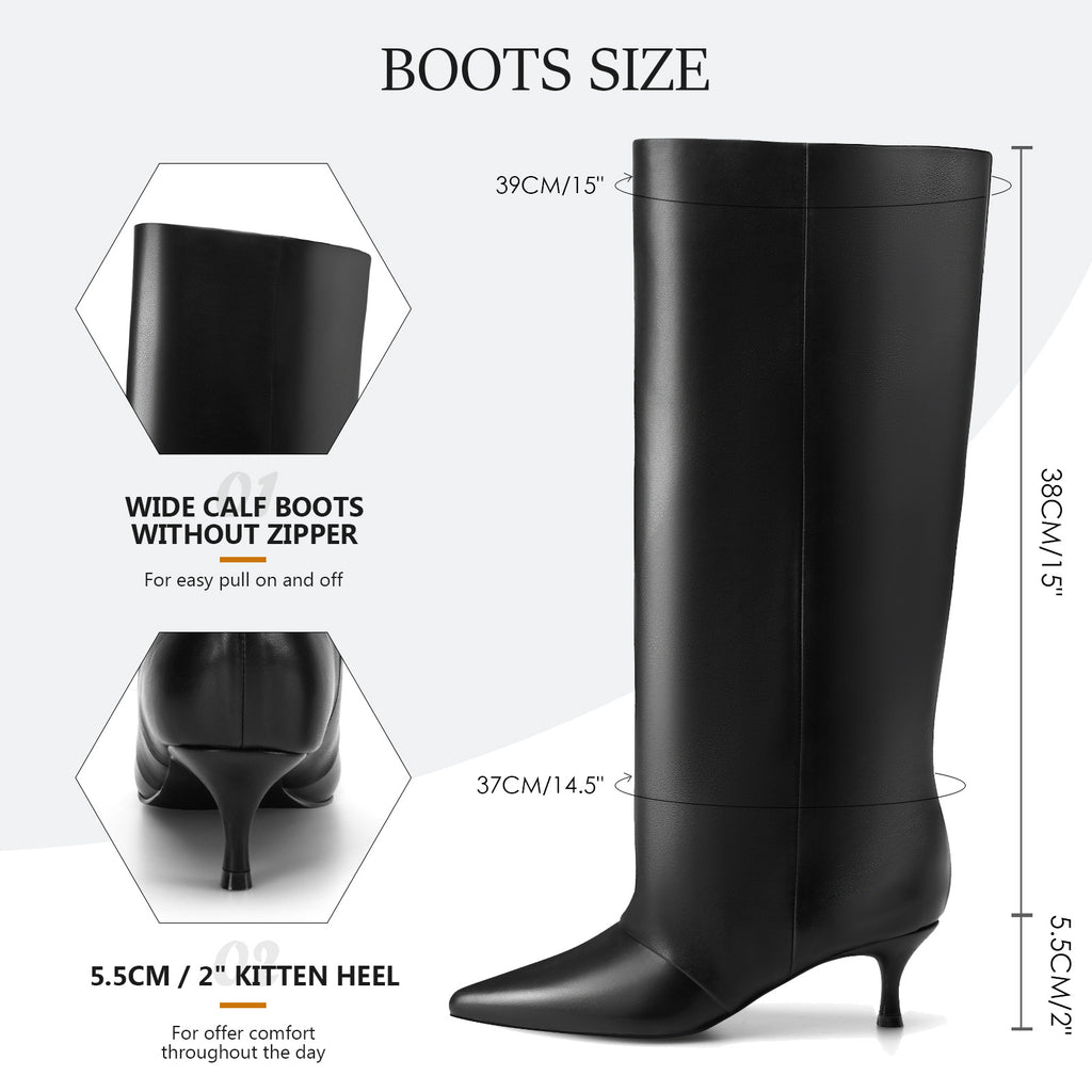 Knee High Boots Women Fold Over Boots Kitten Heel Pointed Toe Wide Calf Slouchy Pull on Women Boots