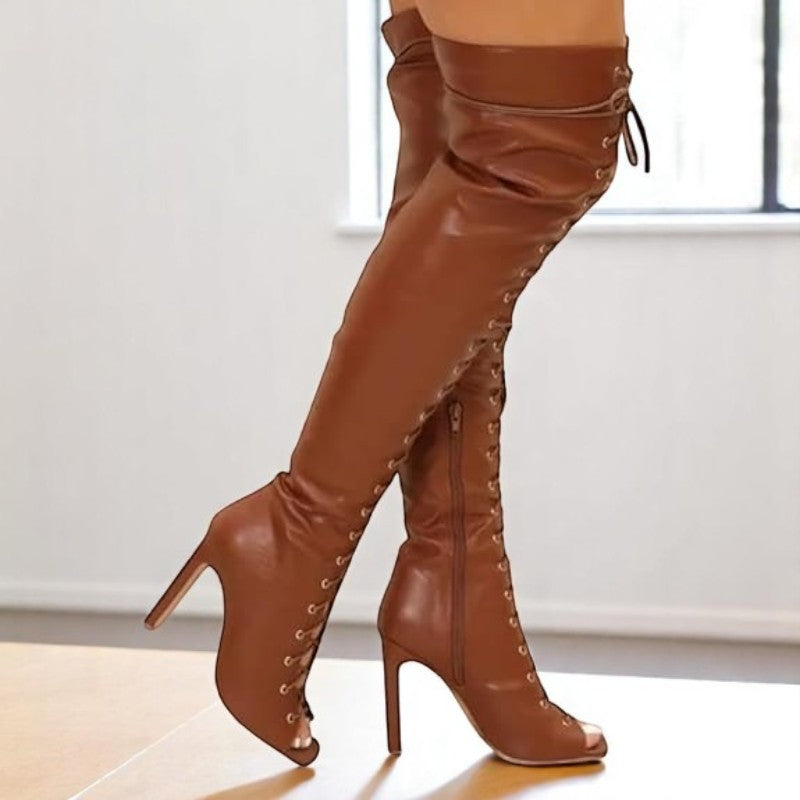Women's Lace-Up Over-the-Knee Peep-Toe Boots - Thigh-High Boots