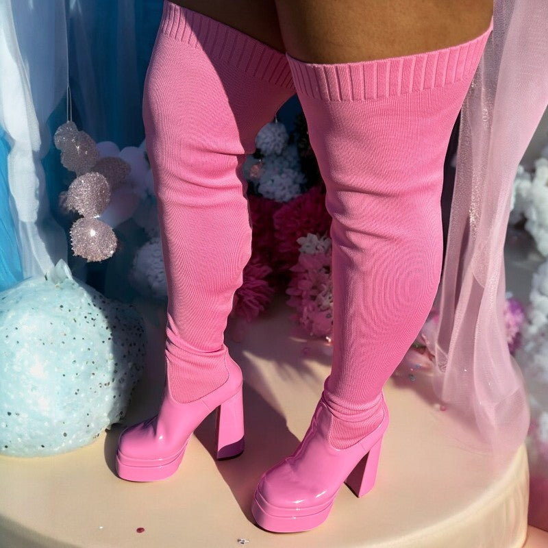 Women Platform Thigh High Boots Chunky Block Heels Over The Knee Boots Stretch Close Toe Party Boots