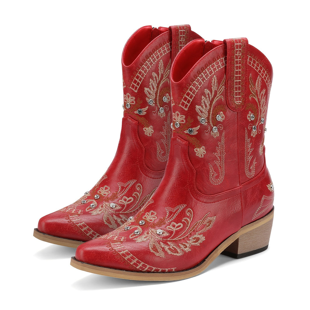 Women’s Mid-Calf Western Cowgirl Boots with Rhinestones & Embroidery – Red Floral Design, Square Toe, Chunky Low Heel, Easy Pull-On Style for Comfortable Casual Wear, Ladies Boots