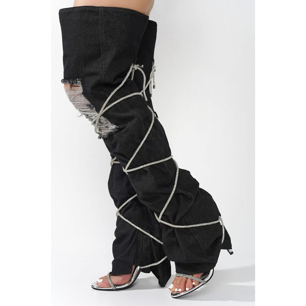 Cape Robbin Nobu Thigh High Boots, Stylish Rope Knee High Cowboy Boots Women, Long Denim Boots, High Heel Boots, Knee High Boots Women