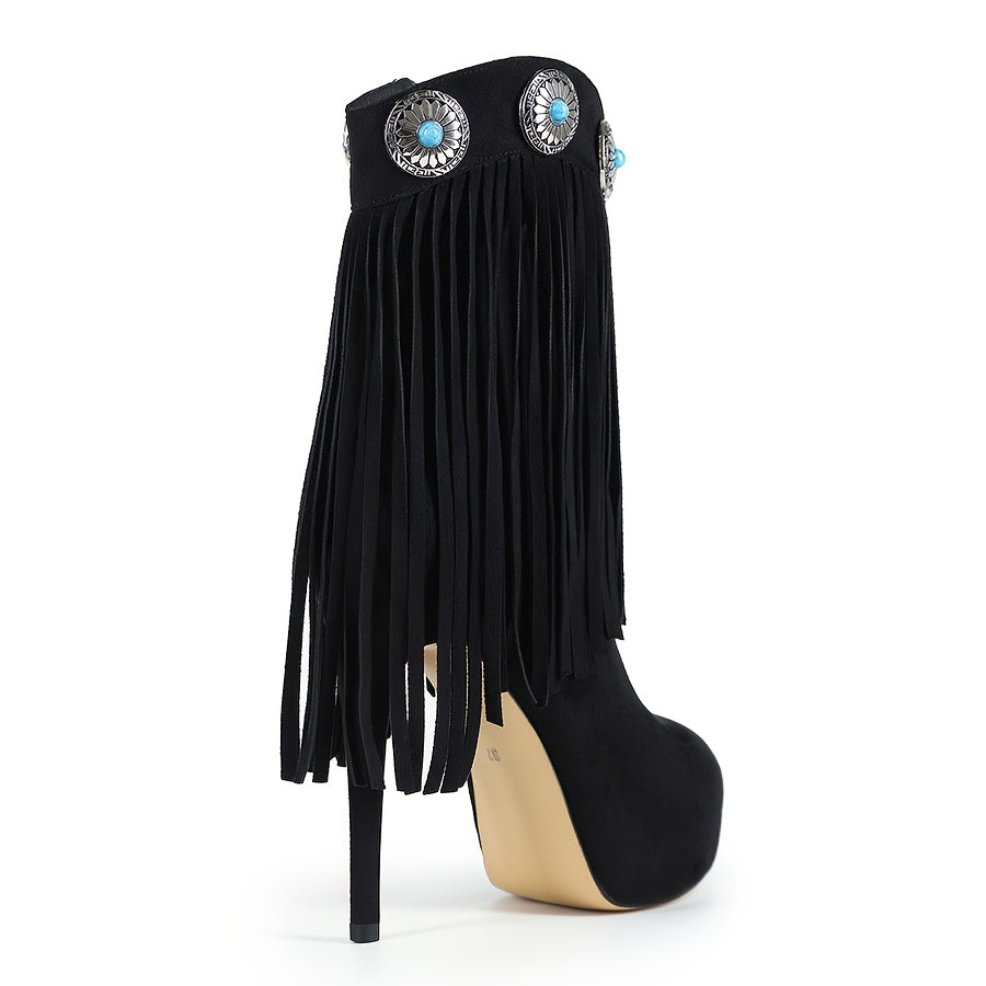 Women'S Fringe Long Boots with Retro Synthetic Gemstone Decor Western Style High-Top Boots, Fashionable Stage Performance Stiletto Heels for Spring and Autumn, Metal Stud Embellished Round Toe Side Zipper Ultra-High Thin Heel