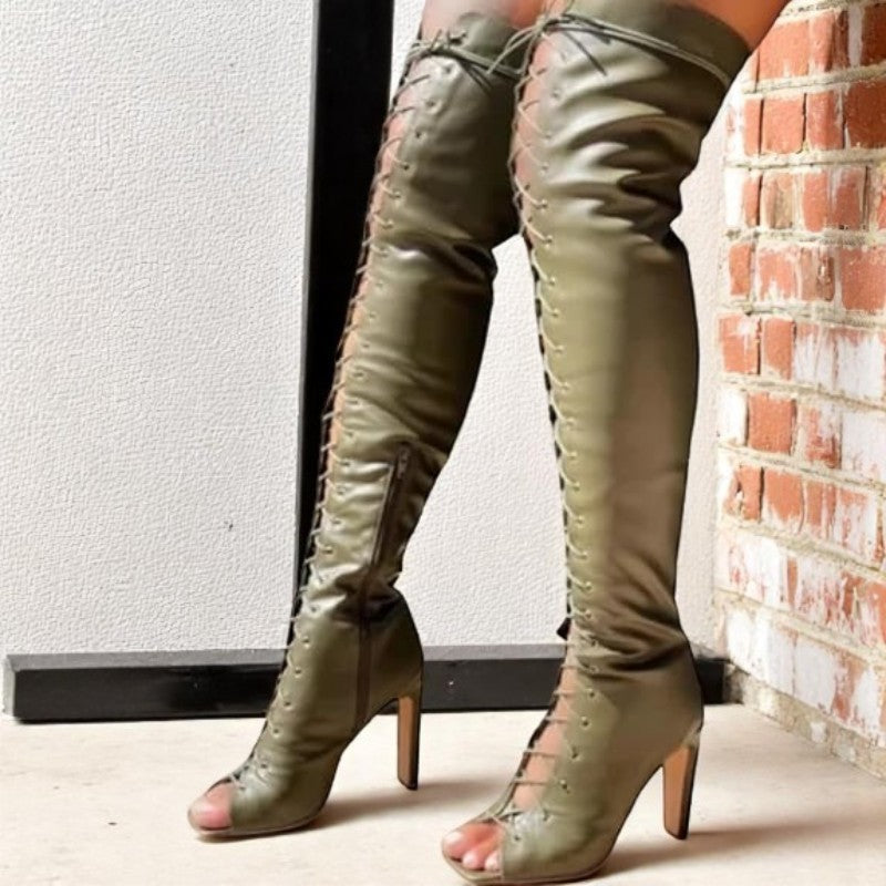 Women's Lace-Up Over-the-Knee Peep-Toe Boots - Thigh-High Boots