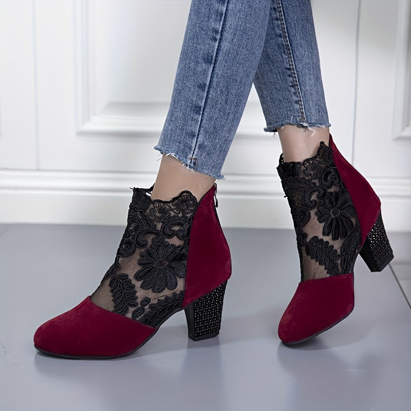 Chic Floral Lace Ladies Boots - Elegant Back Zipper, Comfortable Chunky Heel, Versatile Round Toe for Evening Wear
