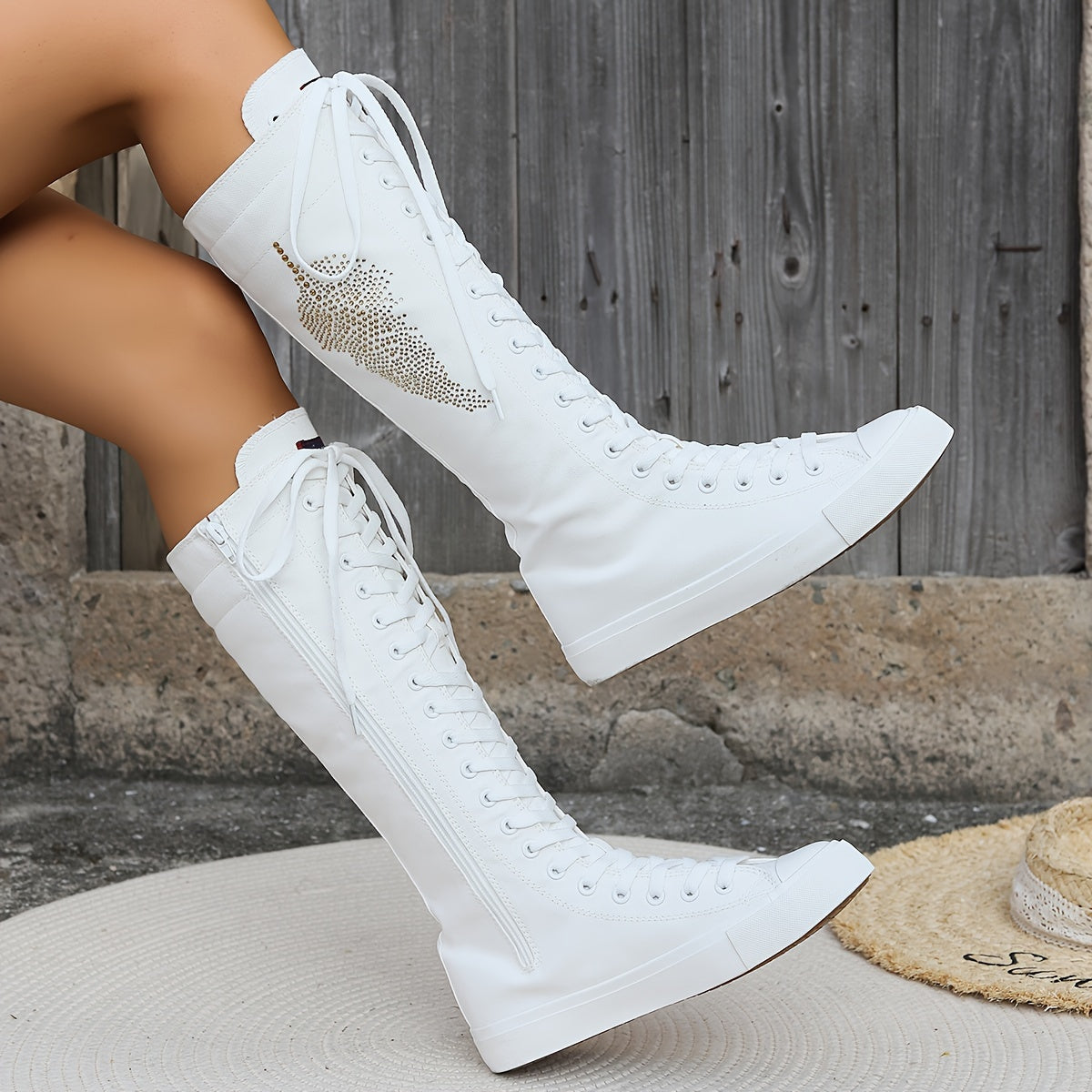 Low Heel Canvas Thigh-High Boots - Comfortable, Zipper Closure, Breathable Fabric Insole, Rubber Sole, Casual European Special Style for Women - All-Season Wear, Platform Design, No Printing