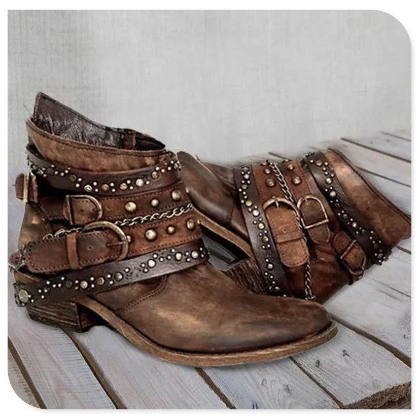 Women's Western Cowboy Boots - Chunky Heel Slip-Resistant Large Size Boots with Belt Buckle Closure, & Rubber, Brown/Black/Brass Buckle - Casual & Formal Western Shoes for Everyday or Special Events, Boots For Women, Womens B