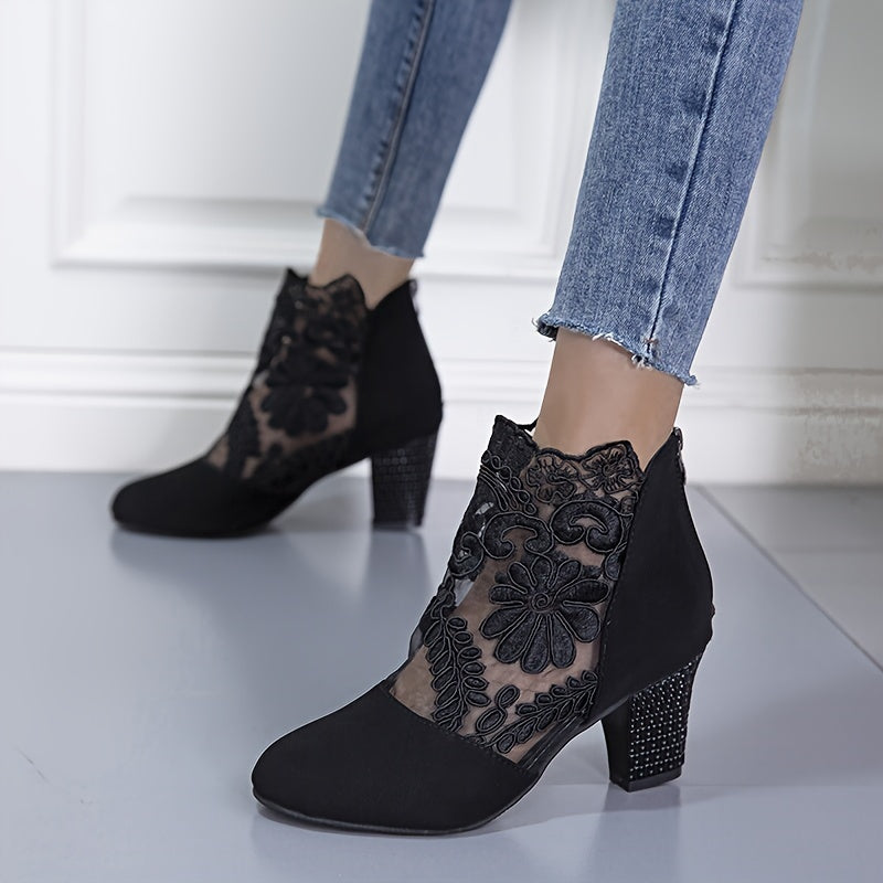 Chic Floral Lace Ladies Boots - Elegant Back Zipper, Comfortable Chunky Heel, Versatile Round Toe for Evening Wear