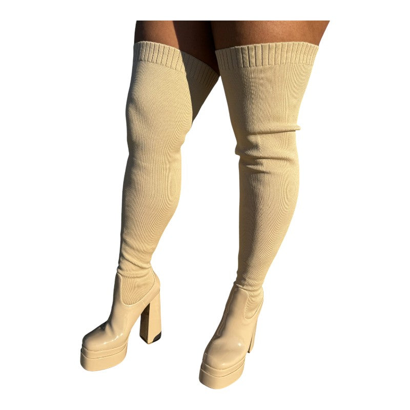 Women Platform Thigh High Boots Chunky Block Heels Over The Knee Boots Stretch Close Toe Party Boots