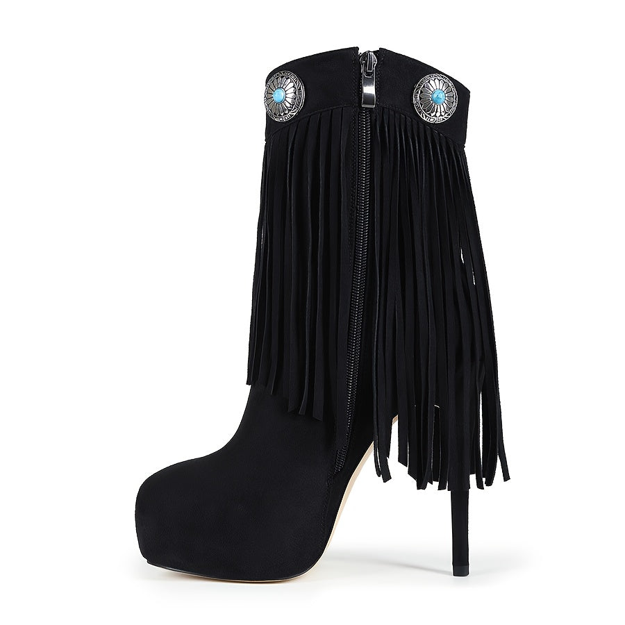 Women'S Fringe Long Boots with Retro Synthetic Gemstone Decor Western Style High-Top Boots, Fashionable Stage Performance Stiletto Heels for Spring and Autumn, Metal Stud Embellished Round Toe Side Zipper Ultra-High Thin Heel