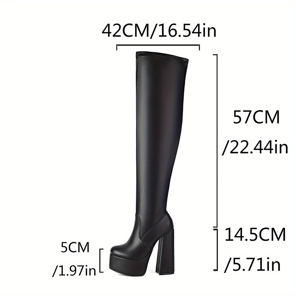 Women's 2025 Winter Black High Quality Platform High-Heel Knee-High Boots with Thick Platform & Chunky Heel - Glossy Faux Cover Round-Toe Zipper Closure, Fleece Lining & Cushioned Insole - Winter Boots for Parties, Night Out,
