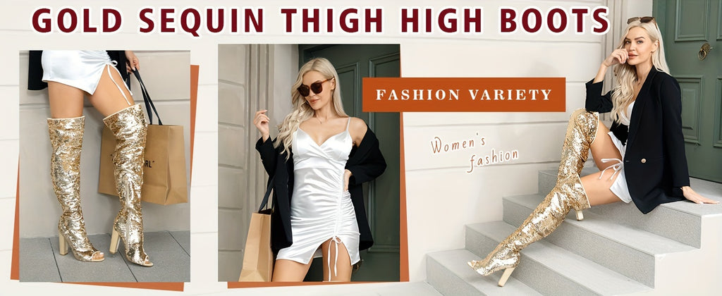 Sparkly Thigh High Boots for Women Sexy Sequin Over The Knee High Boots Party Prom Open Toe Chunky High Heels