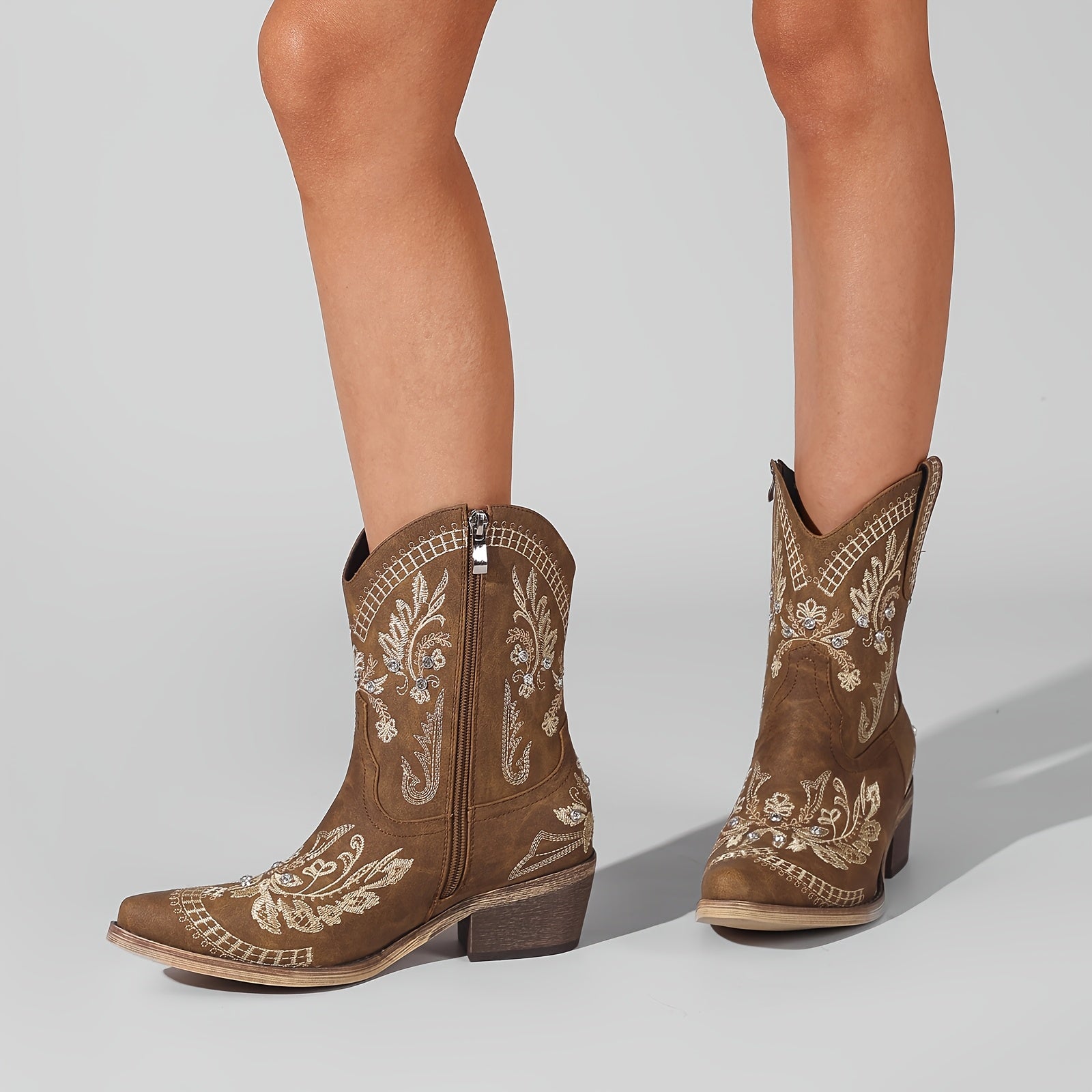 Women’s Mid-Calf Western Cowgirl Boots with Rhinestones & Embroidery – Red Floral Design, Square Toe, Chunky Low Heel, Easy Pull-On Style for Comfortable Casual Wear, Ladies Boots