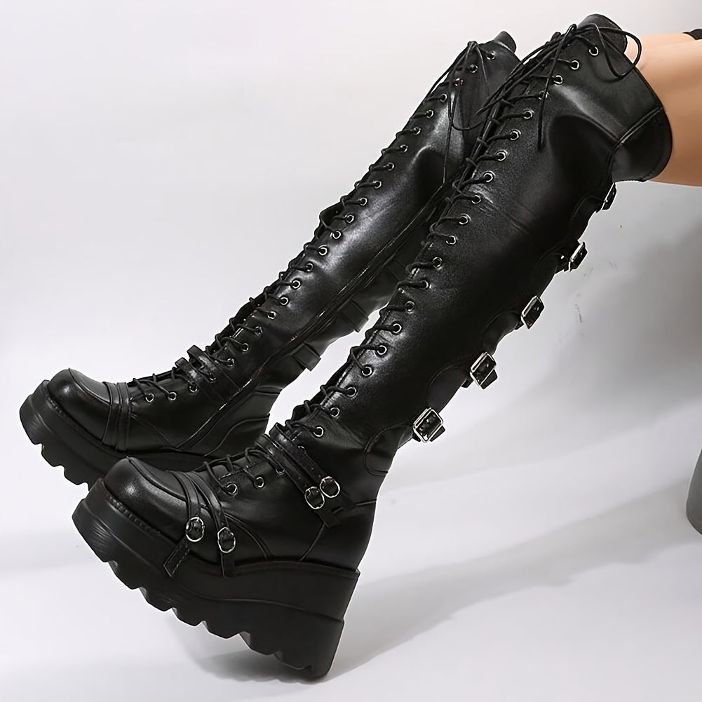 Women's Gothic Thigh High Boots - Punk Buckle, Side Zipper, Thick Platform Sole, Over-the-Knee Wedge Heels, Black PU Cover, Stylish for Cosplay & Street Fashion