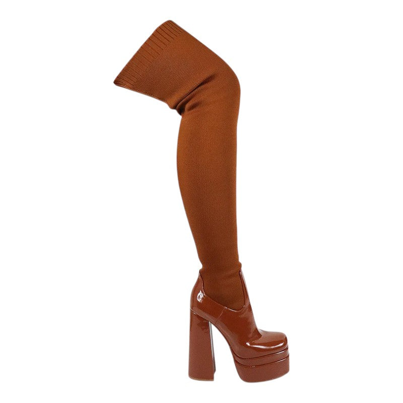 Women Platform Thigh High Boots Chunky Block Heels Over The Knee Boots Stretch Close Toe Party Boots