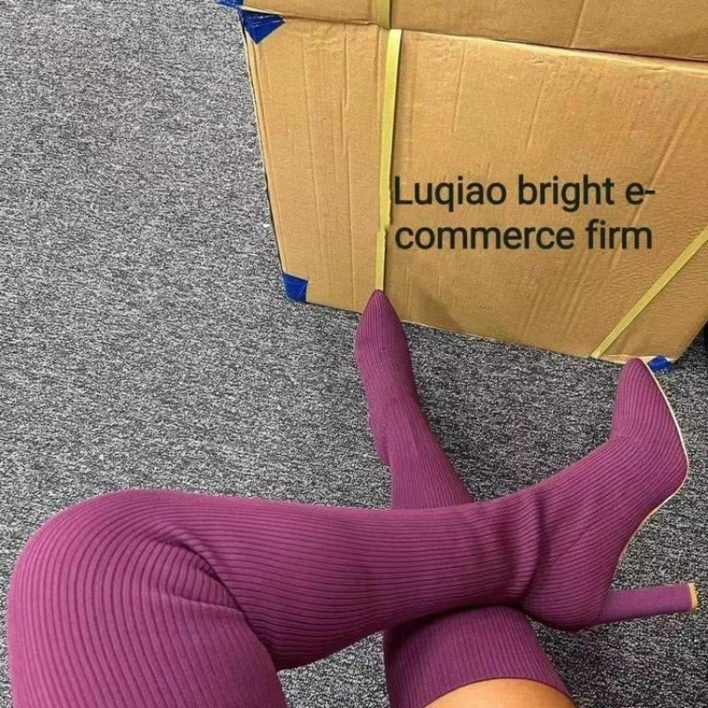 Knitted Elastic Thigh-high Boots, High Heels Over The Knee, Stylish and Versatile, Comfortable and Durable