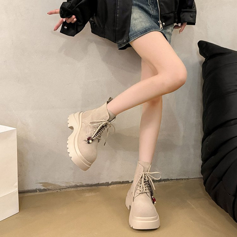 Women's Faux Cover Faux Fur-like Texture Boots - Chunky Low Heel Mule Ankle Boots with Lace-Up & Buckle Closure, Round Toe Fitted Heel, Beige/Tan/Black/White/Gray/Blue/Green/Pink/Red/Brown - Retro Chunky Lace-Up Boots for Wom