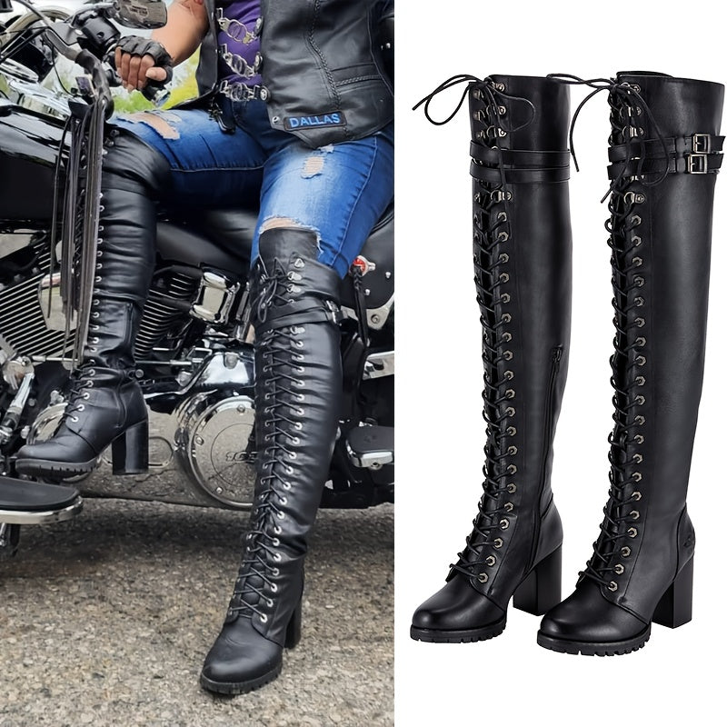 Women'S Faux Leather Over The Knee Thigh High Boots, Black Lace Up Knee High Boots With Chunky Heel, Sexy Biker Boots With Buckle