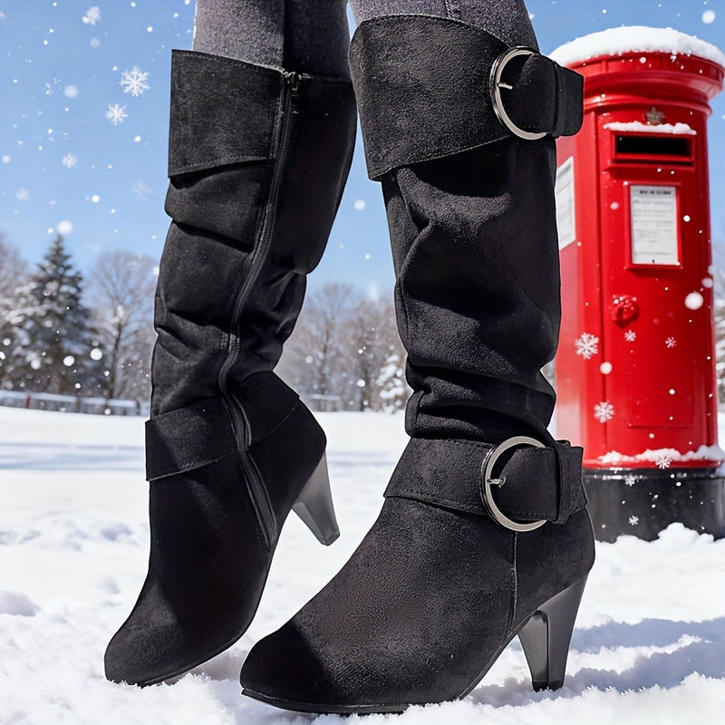 Women'S Pointed Toe Zipper Long Boots with Chunky Heel - Full-Zip Closure, Round Toe & Plush Lining, TPR Sole, Soft Fabric Upper - Winter Warmth, Versatile for Casual & Formal Outfits (Black) - Easy On/Off & Durable Design, W