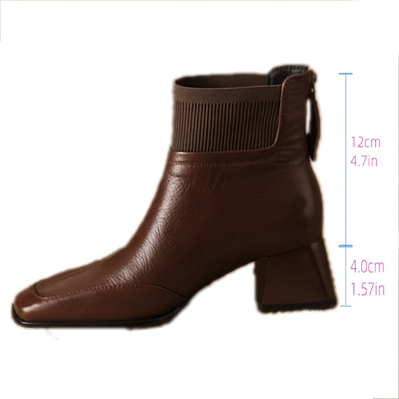 Women's 1.97inch Height-Increasing Square Toe Chunky Heel Mule-Style Lace-Up Ankle Boots - PU Cover-like Texture & Faux Cover Booties with Zipper Closure, All-Season Brown Tapered Leg Fit for Dresses, Pants, Jeans - Solid Bro