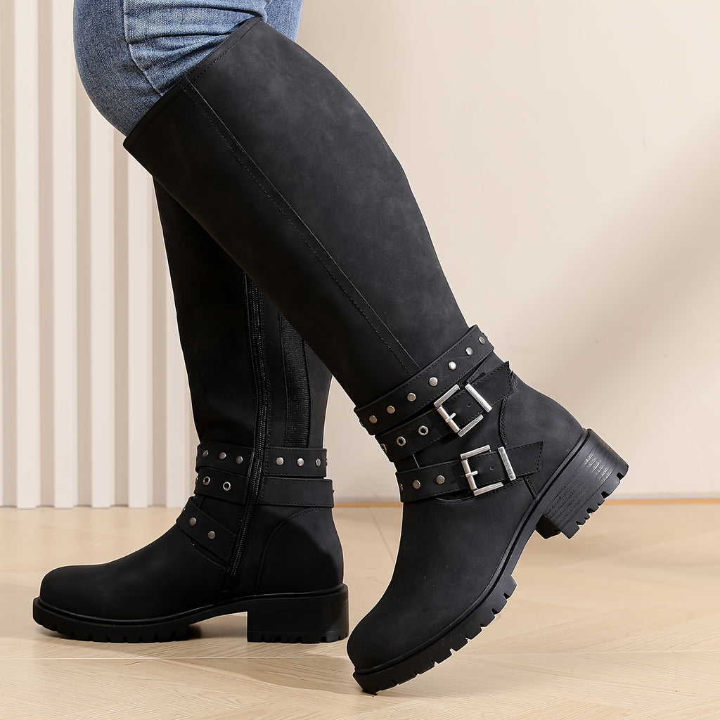 Women's Extra Wide Calf Knee High Boots Plus Size Low Heel Side Zipper Winter Tall Boots Ridding Motocycle Women Boots.