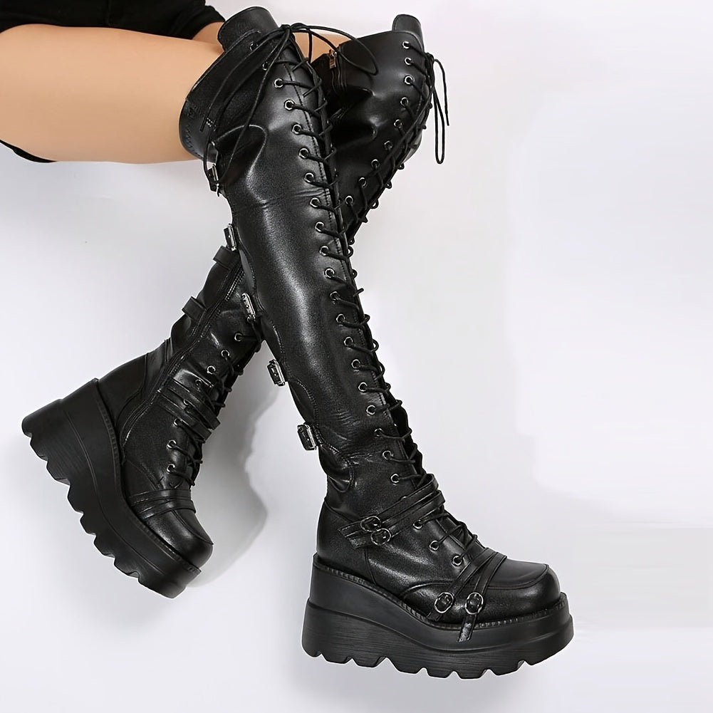 Women's Gothic Thigh High Boots - Punk Buckle, Side Zipper, Thick Platform Sole, Over-the-Knee Wedge Heels, Black PU Cover, Stylish for Cosplay & Street Fashion