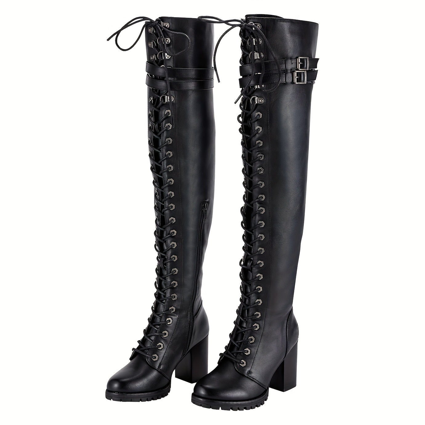 Women'S Faux Leather Over The Knee Thigh High Boots, Black Lace Up Knee High Boots With Chunky Heel, Sexy Biker Boots With Buckle