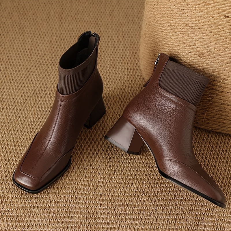 Women's 1.97inch Height-Increasing Square Toe Chunky Heel Mule-Style Lace-Up Ankle Boots - PU Cover-like Texture & Faux Cover Booties with Zipper Closure, All-Season Brown Tapered Leg Fit for Dresses, Pants, Jeans - Solid Bro