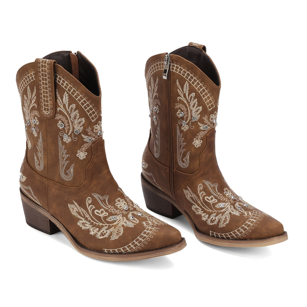 Women’s Mid-Calf Western Cowgirl Boots with Rhinestones & Embroidery – Red Floral Design, Square Toe, Chunky Low Heel, Easy Pull-On Style for Comfortable Casual Wear, Ladies Boots