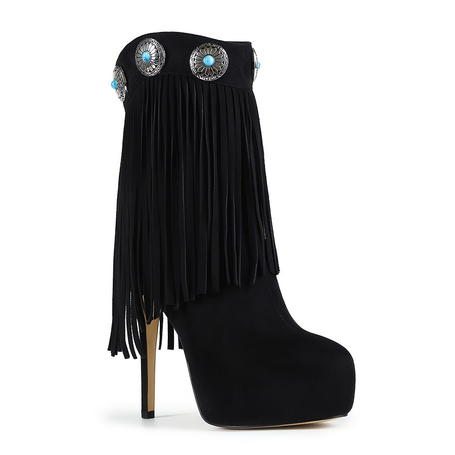 Women'S Fringe Long Boots with Retro Synthetic Gemstone Decor Western Style High-Top Boots, Fashionable Stage Performance Stiletto Heels for Spring and Autumn, Metal Stud Embellished Round Toe Side Zipper Ultra-High Thin Heel