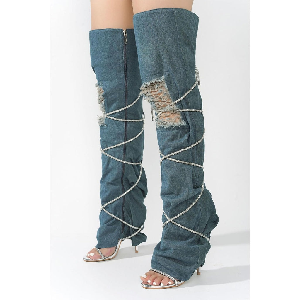 Cape Robbin Nobu Thigh High Boots, Stylish Rope Knee High Cowboy Boots Women, Long Denim Boots, High Heel Boots, Knee High Boots Women