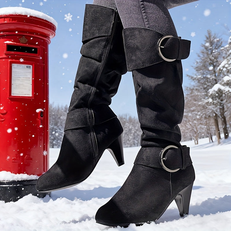 Women'S Pointed Toe Zipper Long Boots with Chunky Heel - Full-Zip Closure, Round Toe & Plush Lining, TPR Sole, Soft Fabric Upper - Winter Warmth, Versatile for Casual & Formal Outfits (Black) - Easy On/Off & Durable Design, W