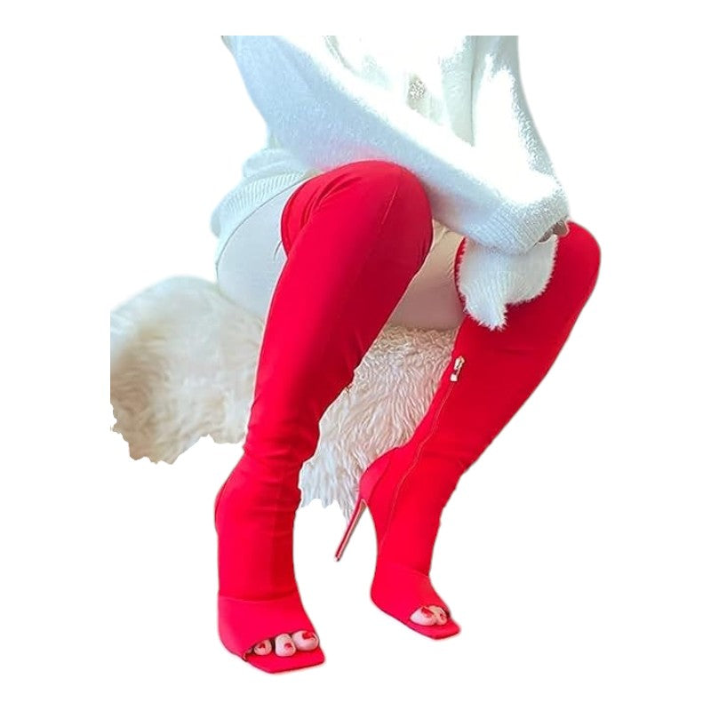 Women's Stiletto Heel Thigh High Boots Peep Open Toe Pull on Over the Knee Boots