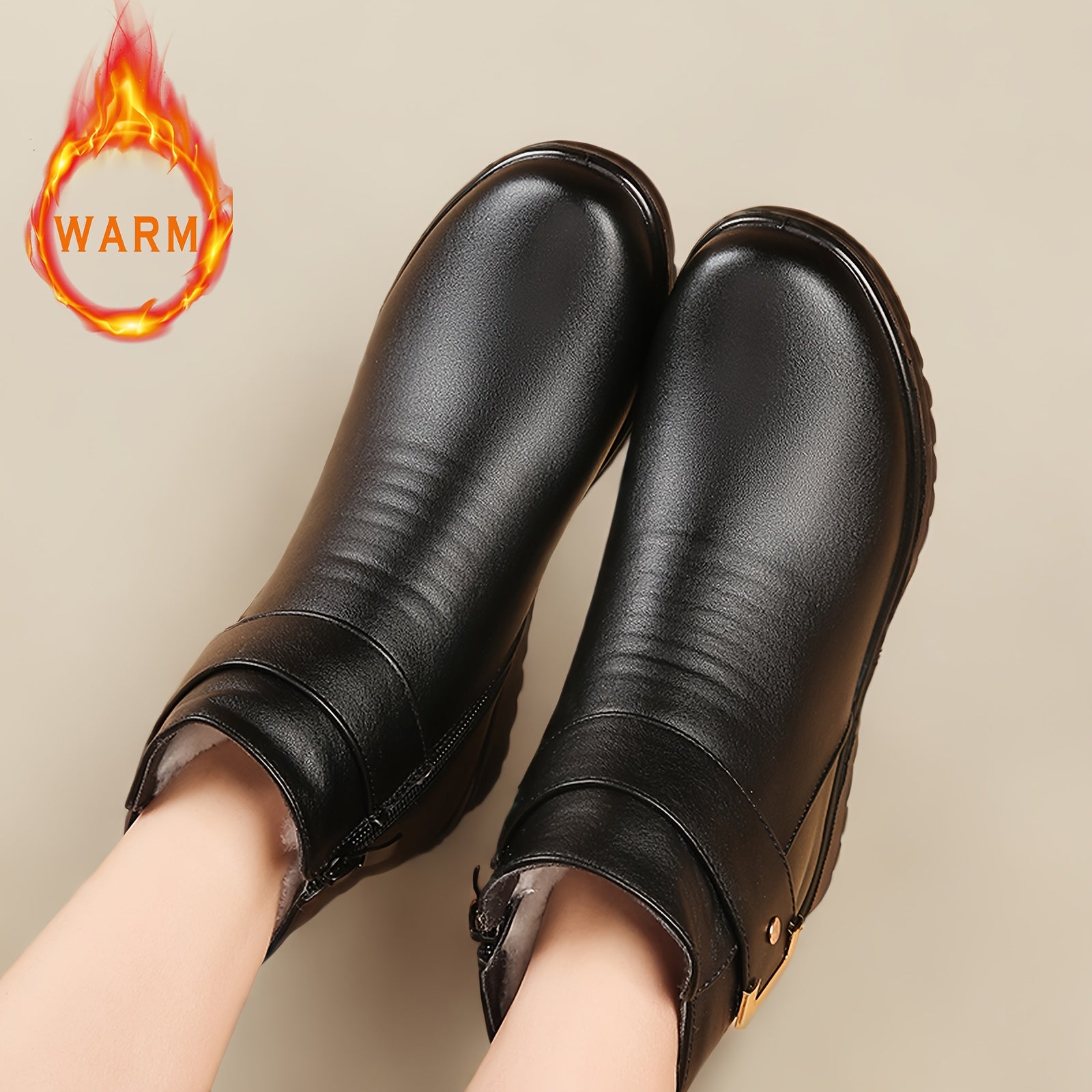 Women's Fleece-Like Winter Boots with Dress Compatibility - Retro Round-Toe Ankle Booties, Golden-Tone Buckle-Like Zipper Closure, Faux Cover Upper & PU Sole, Warm Round Heel for Dresses/Coutfits (Casual/Dressy) - Hand Washab