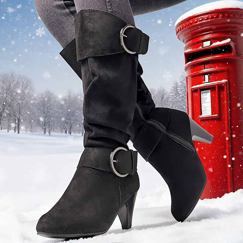 Women'S Pointed Toe Zipper Long Boots with Chunky Heel - Full-Zip Closure, Round Toe & Plush Lining, TPR Sole, Soft Fabric Upper - Winter Warmth, Versatile for Casual & Formal Outfits (Black) - Easy On/Off & Durable Design, W