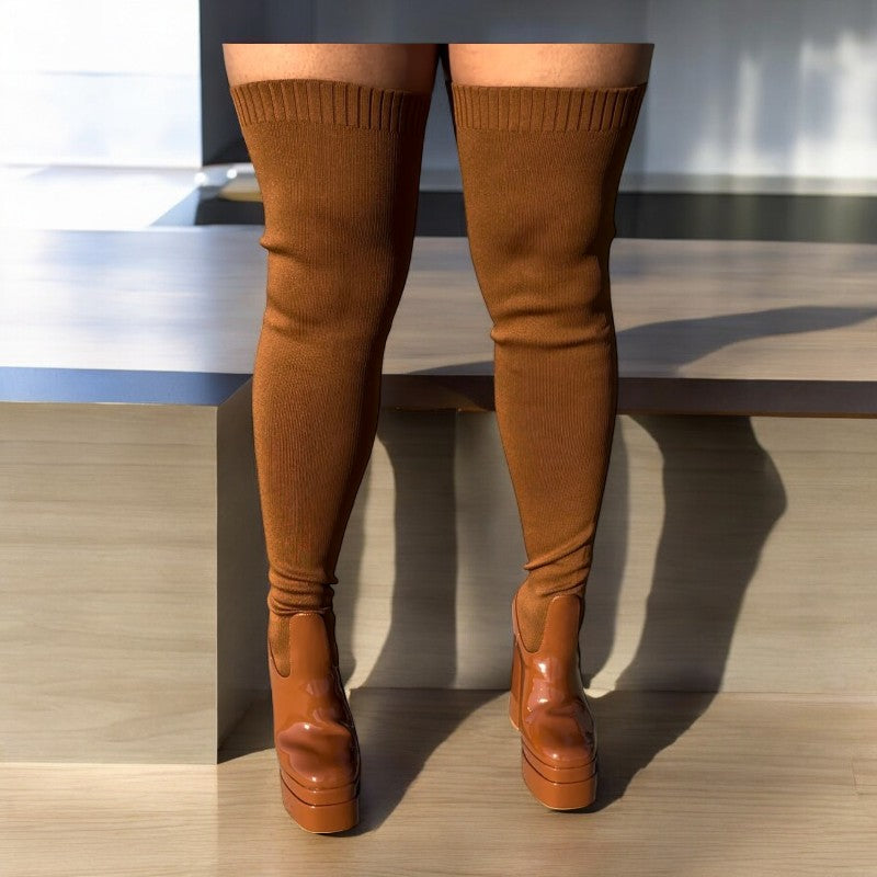 Women Platform Thigh High Boots Chunky Block Heels Over The Knee Boots Stretch Close Toe Party Boots