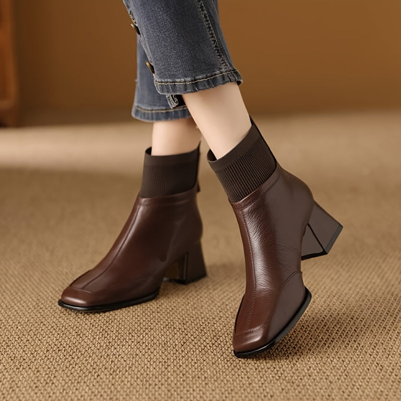 Women's 1.97inch Height-Increasing Square Toe Chunky Heel Mule-Style Lace-Up Ankle Boots - PU Cover-like Texture & Faux Cover Booties with Zipper Closure, All-Season Brown Tapered Leg Fit for Dresses, Pants, Jeans - Solid Bro