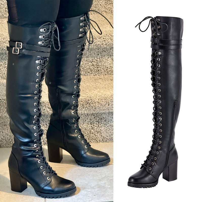 Women'S Faux Leather Over The Knee Thigh High Boots, Black Lace Up Knee High Boots With Chunky Heel, Sexy Biker Boots With Buckle