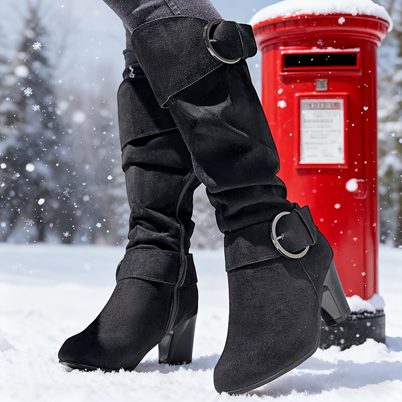Women'S Pointed Toe Zipper Long Boots with Chunky Heel - Full-Zip Closure, Round Toe & Plush Lining, TPR Sole, Soft Fabric Upper - Winter Warmth, Versatile for Casual & Formal Outfits (Black) - Easy On/Off & Durable Design, W