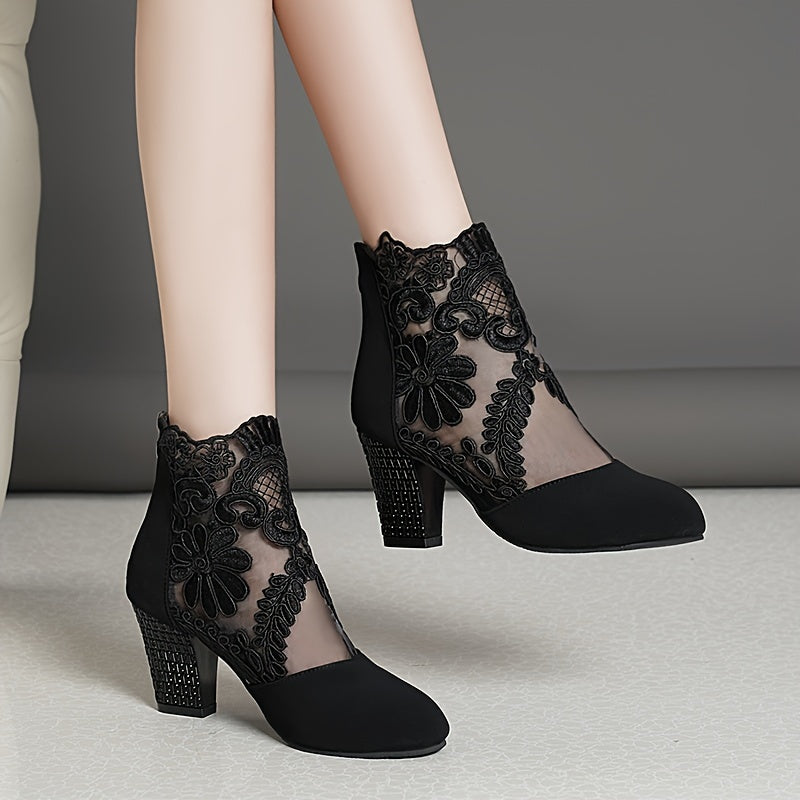 Chic Floral Lace Ladies Boots - Elegant Back Zipper, Comfortable Chunky Heel, Versatile Round Toe for Evening Wear