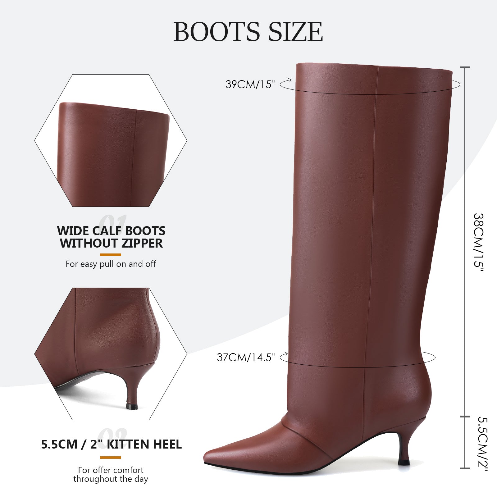 Knee High Boots Women Fold Over Boots Kitten Heel Pointed Toe Wide Calf Slouchy Pull on Women Boots