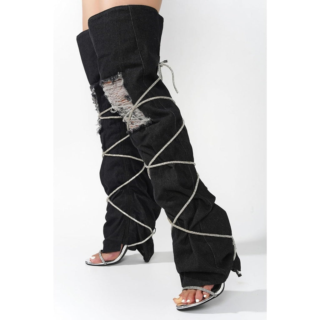 Cape Robbin Nobu Thigh High Boots, Stylish Rope Knee High Cowboy Boots Women, Long Denim Boots, High Heel Boots, Knee High Boots Women