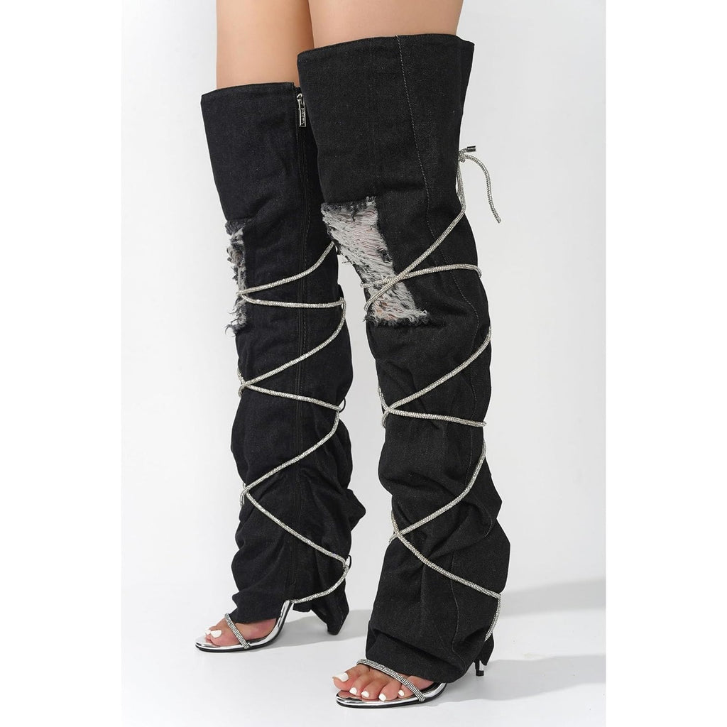 Cape Robbin Nobu Thigh High Boots, Stylish Rope Knee High Cowboy Boots Women, Long Denim Boots, High Heel Boots, Knee High Boots Women