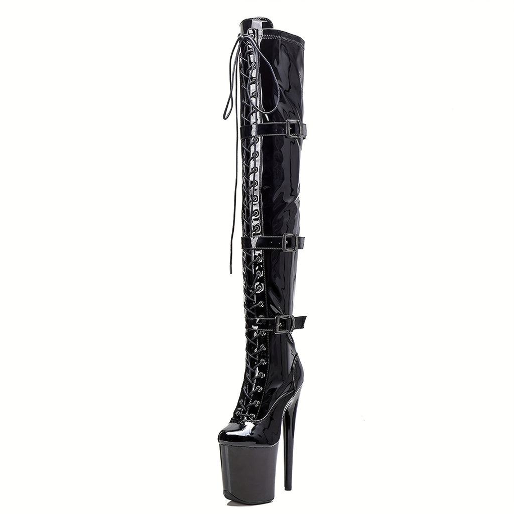 MISSHEELS Women's 8" Platform Stiletto Thigh High Boots - Sexy PU Cover Over-The-Knee Zipper Closure, Plus Size All-Season Exotic Pole Boots for Casual & Nightlife, Nightlife Footwear | Sleek Stiletto Boots | Pu Cover Boots,